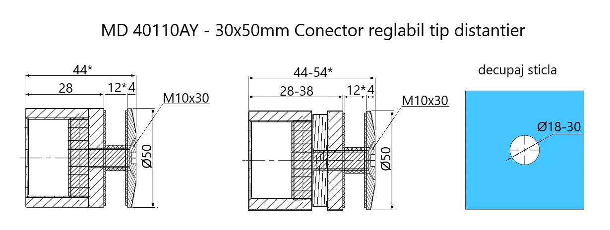Adjustable Distantier Connector, 30x50mm (Black)