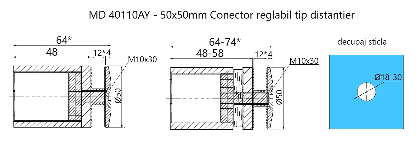 Adjustable Distantier Connector, 50x50mm (Black)