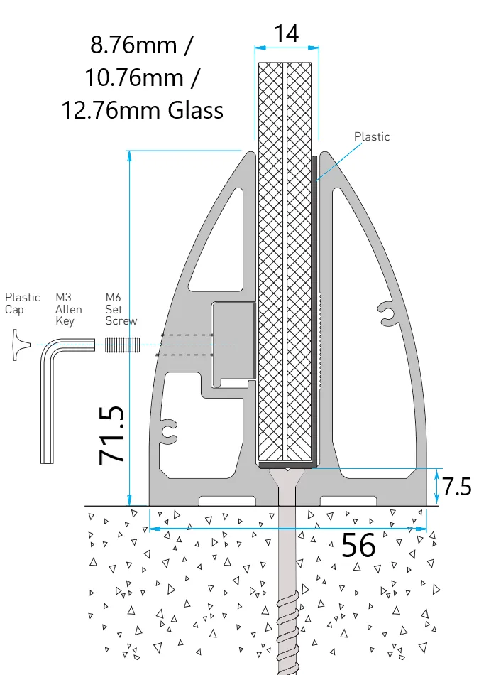 U-type Balustrade Profile with floor fixing (7016 satin, 6 m)