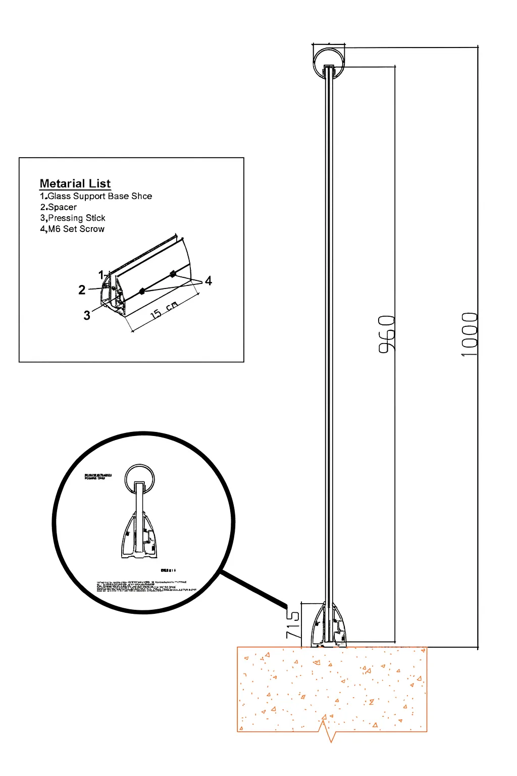 M40 U-type handrail profile with floor fixing (7016 mat, 3 m)