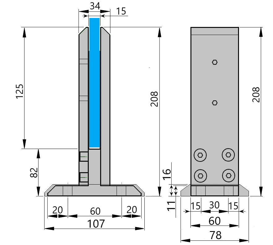 200h Glass Support Foot (10-12mm, Aluminum Square, 7016 Matt)