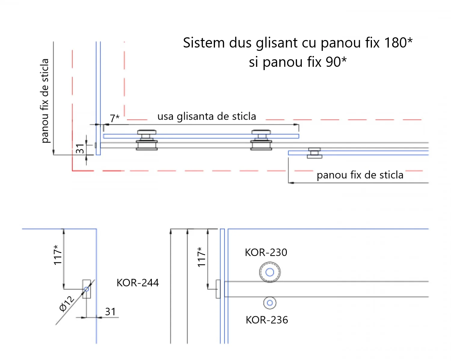 Sliding Door Kit with Fixed Panel (Antique Brass)