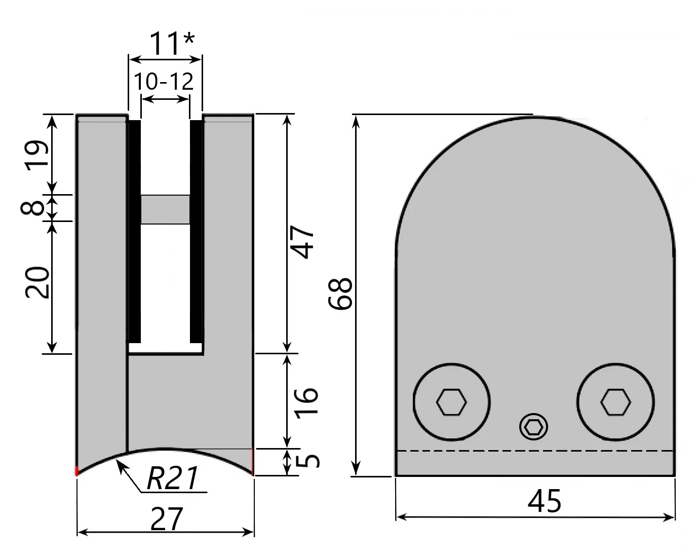 MD 05 L/R- Clema inox (65x45mm) fixare sticla-montant rotund