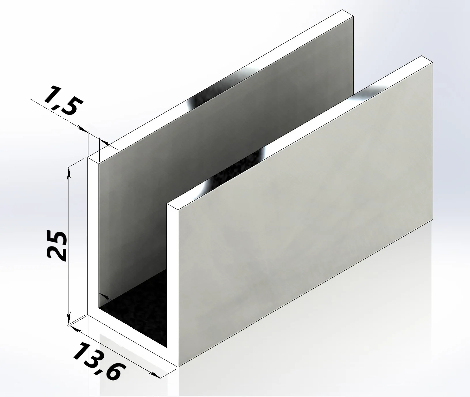 MD 13.6x25A - Profil U aluminiu ANODIZAT 13.6x25mm x 1.7 (sticla 8-10mm) (5 m)