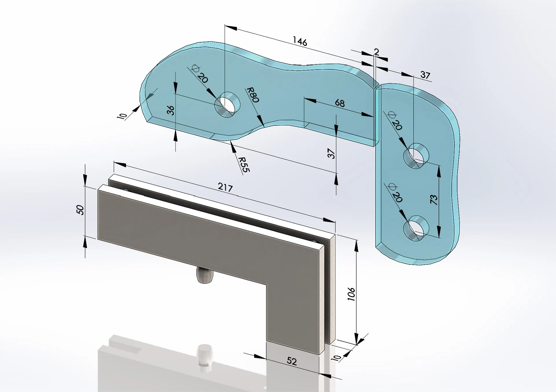 MD 140 NAT - Corner Patch Fitting with Pivot for Transom, Anodised Aluminium