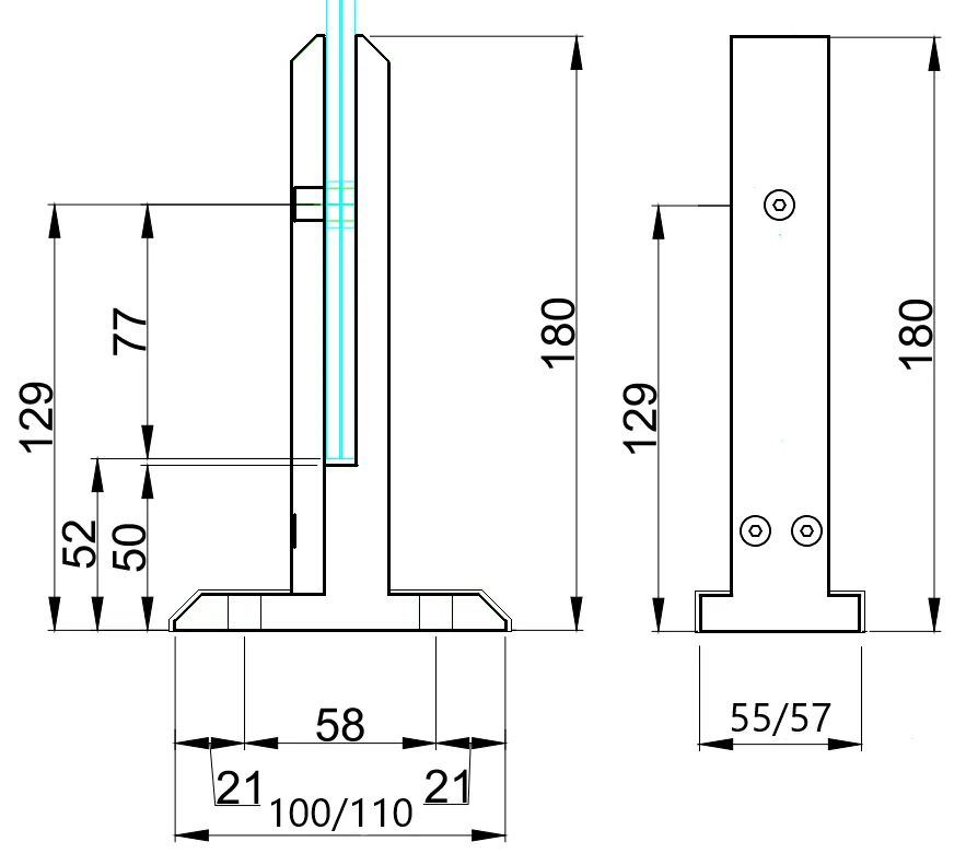 MD 209-D - Square Aluminium Support Leg for 10mm Glass