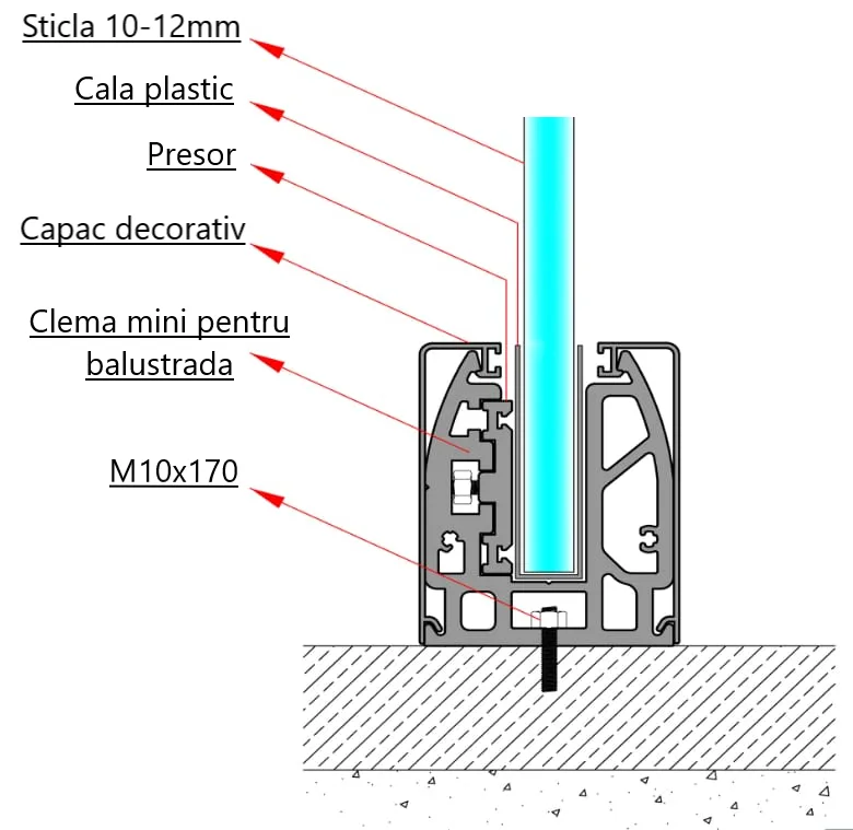 MD 2599/15cm Clema mini pentru balustrada - fixare pe pardosea (sticla 10) (15cm) (15cm)