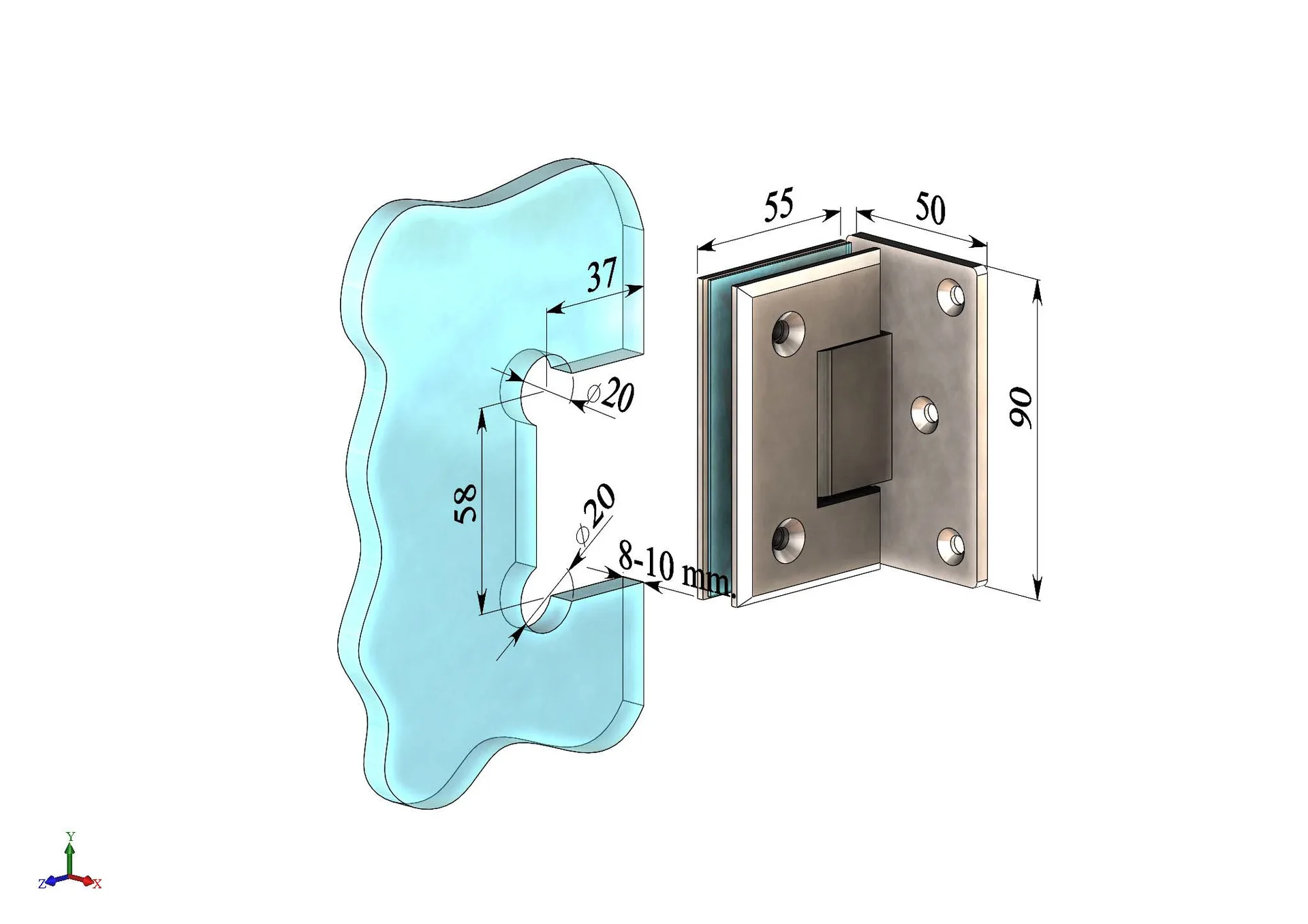 MD 305 - Wall-Glass Hinge 90° (Unilateral Mounting)