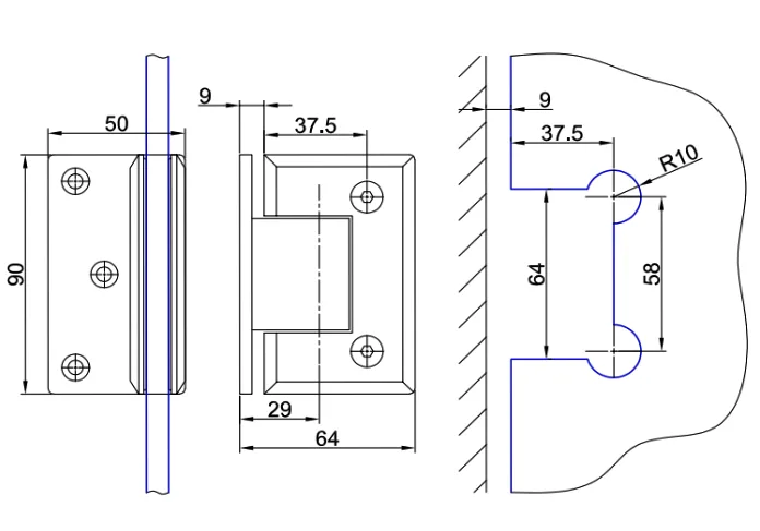 MD 305 - Wall-Glass Hinge 90° (Unilateral Mounting)