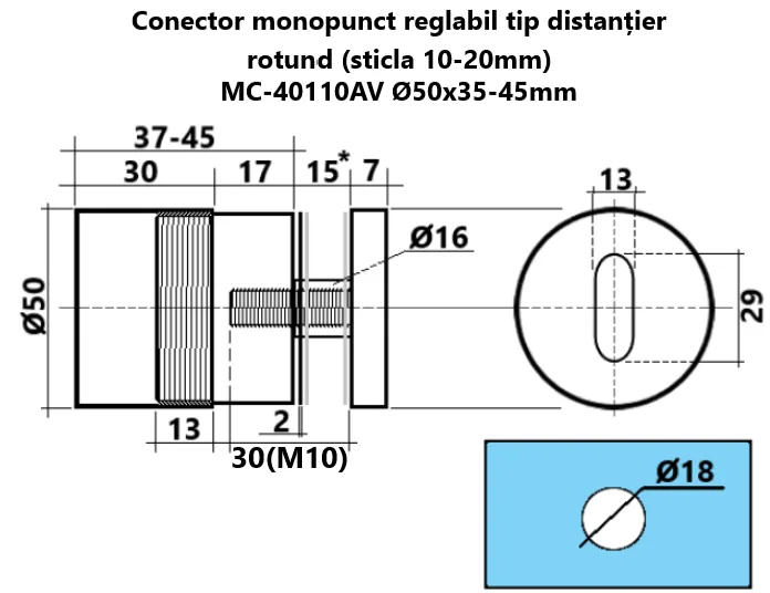 Md 40110av  - 50/35-45 mm conector reglabil tip distantier, sticla 10-20mm (Gold)