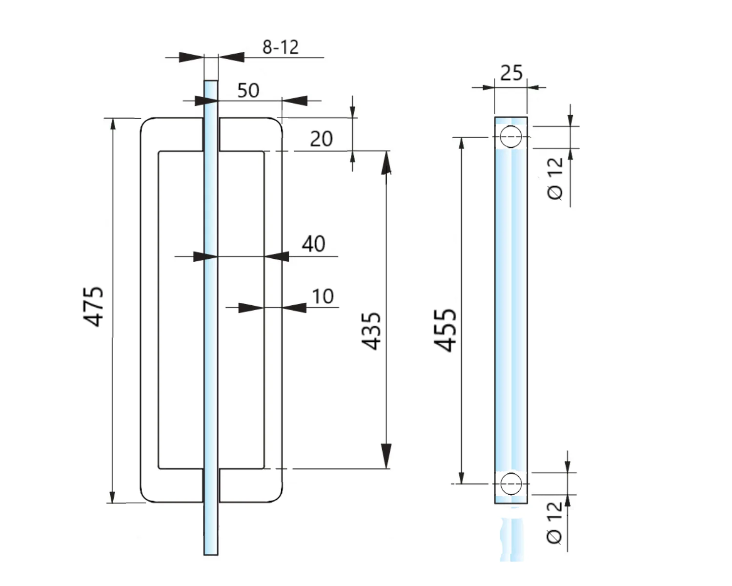 MD 433K - Rectangular Pull Handle 30x10mm (L477mm / C-C 457mm)