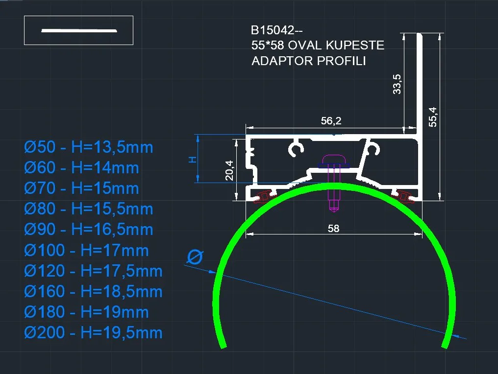 55x58 Profile Adapter for Lower Sash and Handrail (Press, 6 m)