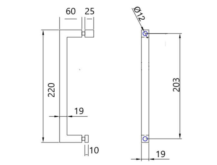 MD 628-1 - Rectangular Pull Handle with Knob, 19x19mm, 203mm C/C