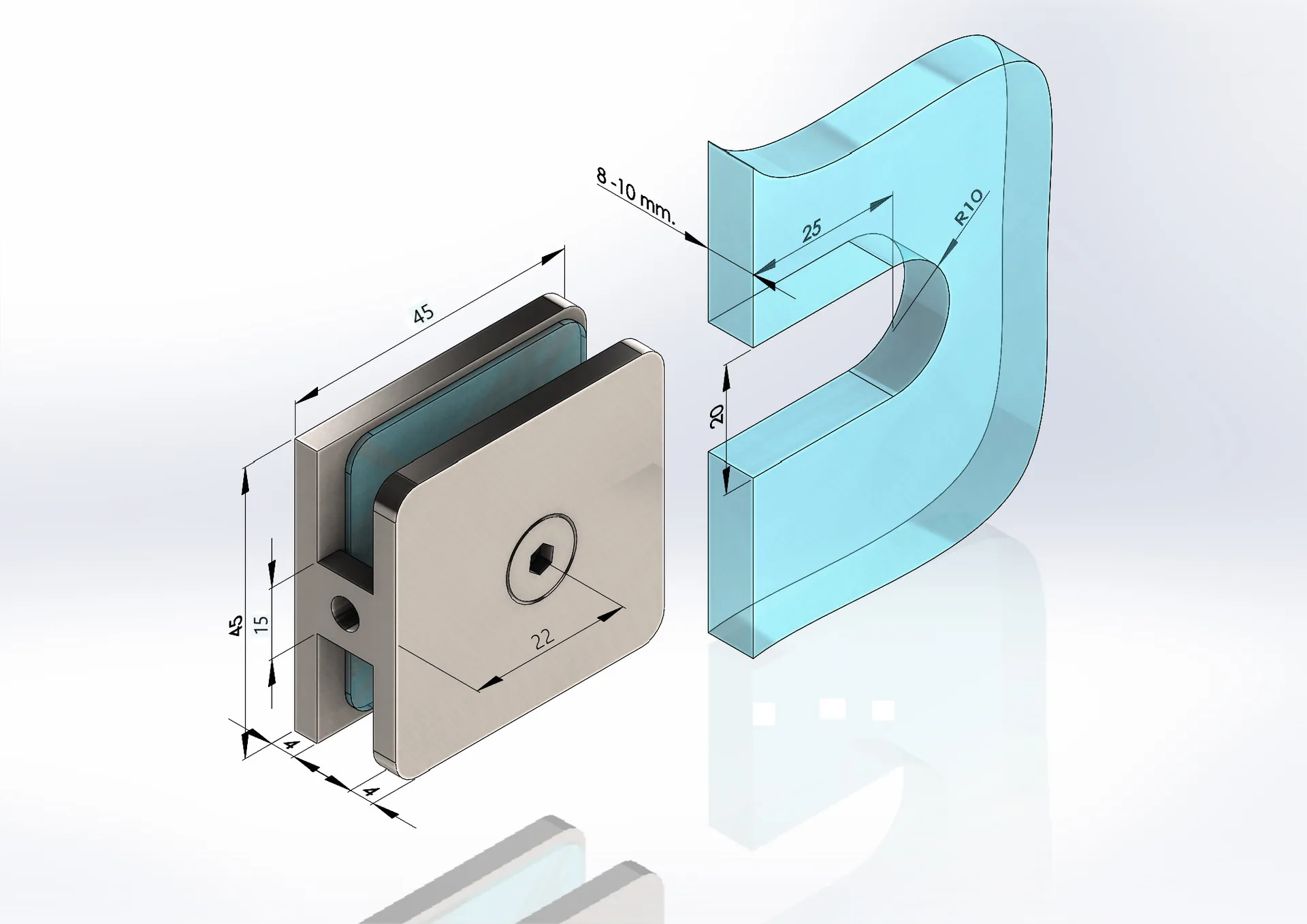 MD 721-1 - 90 Wall-to-Glass Connector 45x45mm, Single Hole