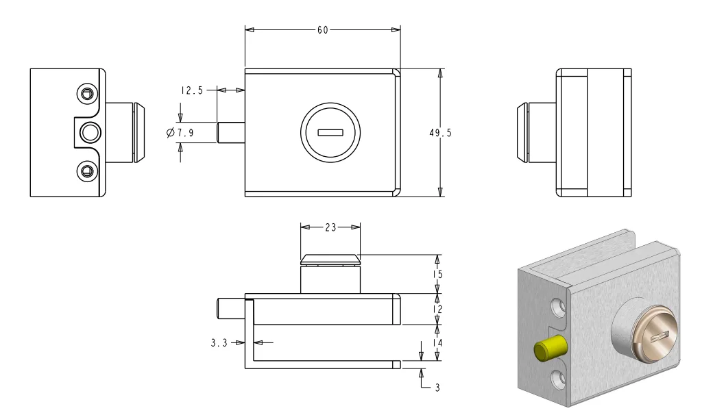 MD 73 SSS - Glass Floor Connector with Key 60x30x50mm, Glass 10-12mm