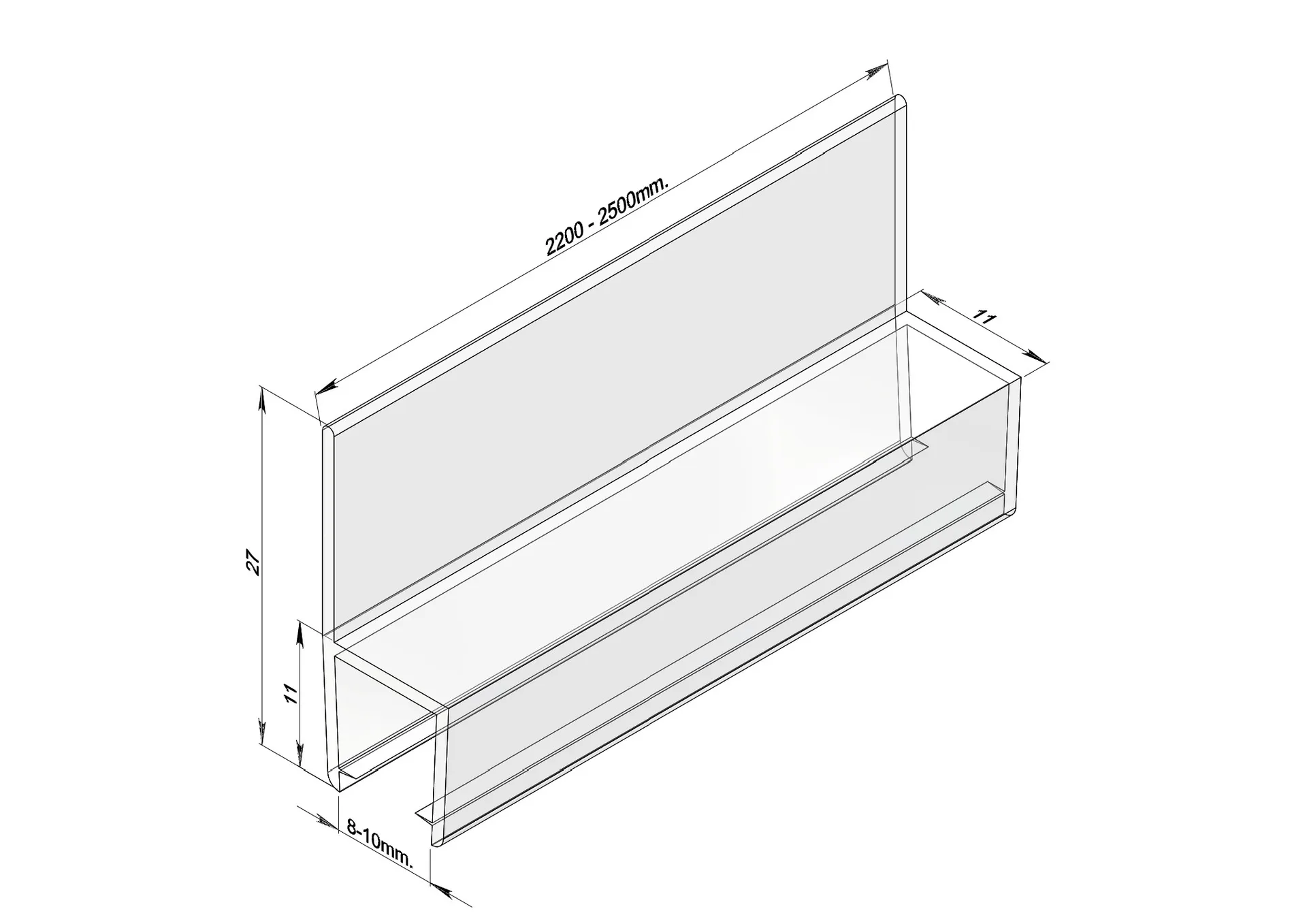 MD 204 - 90 Degree Side Fin Sealing Profile for Glass, 3000mm