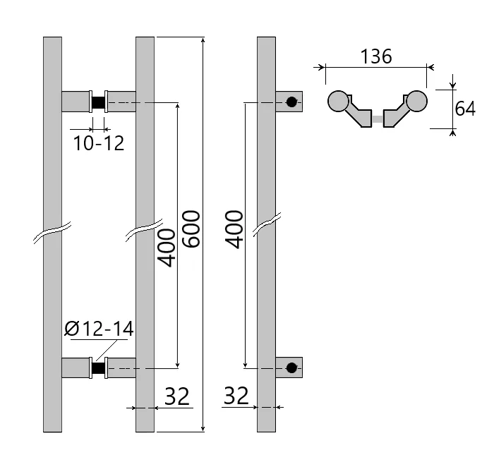 MD 633-45 400 - H-Style Pull Handle (L600 x C400 x Ø32mm)