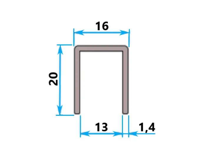 U-type Handrail Profile, 16x20 (Anod, 6 m), 12mm Glass