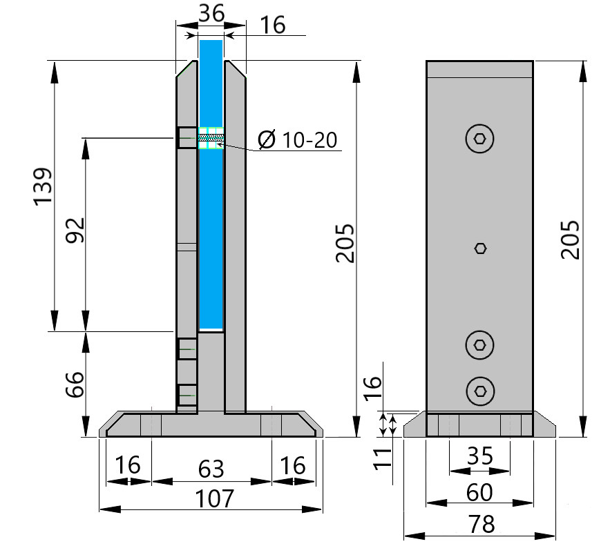 MC-209-E 200h Picior sustinere sticla 10-12mm, patrat din aluminiu fisa tehnica 2, BRONZ