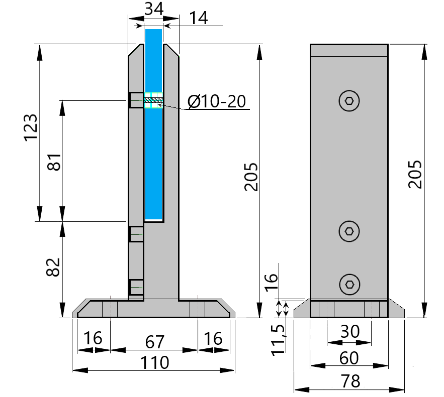 MC-209-E 205h Picior sustinere sticla 10-12mm, patrat din aluminiu fisa tehnica 3, ANOD
