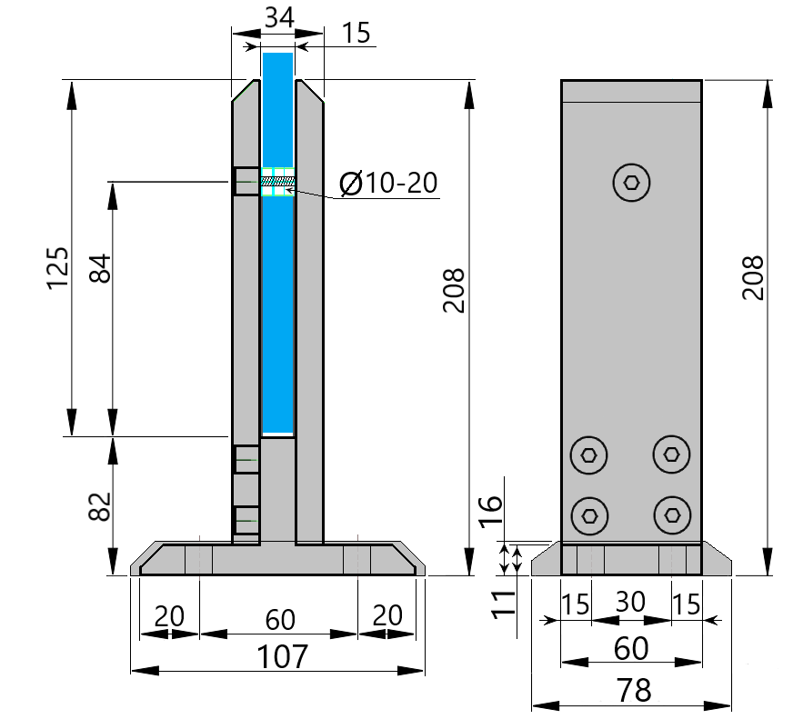 MC-209-E 208h Picior sustinere sticla 10-12mm, patrat din aluminiu, GOLD, fisa tehnica